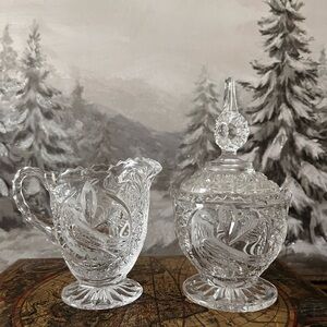 Beautiful European Vintage Bleikristall bird-etched crystal creamer & sugar set